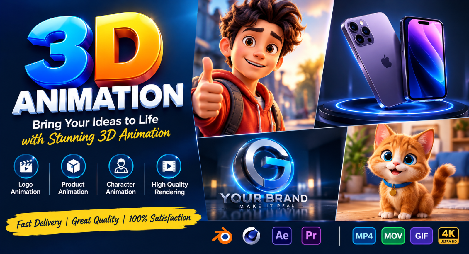 I will create professional 3D logo, product, and character animations